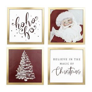 ArtbyHannah Framed Christmas Wall Art, Santa Claus Christmas Wall Decor, 4 Pack 10x10 Inch Christmas Pictures Wall Decor with Red White Wall Christmas Tree, Indoor Christmas Decorations for Home