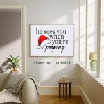 Funny Christmas Decor Bathroom Sign, Christmas Wall Art Canvas Poster, He Sees You When You'Re Pooping Wall Painting, Christmas Prints Wall Decor For Bathroom, Holiday Home Decor 12x8inch Unframed