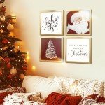 ArtbyHannah Framed Christmas Wall Art, Santa Claus Christmas Wall Decor, 4 Pack 10x10 Inch Christmas Pictures Wall Decor with Red White Wall Christmas Tree, Indoor Christmas Decorations for Home
