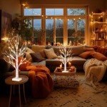 Vanthylit White Birch Tree with LED Lights - Set of 2, LED Tabletop Tree with Timer, Christmas Decorations Lighted Tree for Indoor Mantel Home Decor (2 FT, 24 LED)