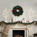 Vanthylit White Birch Tree with LED Lights - Set of 2, LED Tabletop Tree with Timer, Christmas Decorations Lighted Tree for Indoor Mantel Home Decor (2 FT, 24 LED)