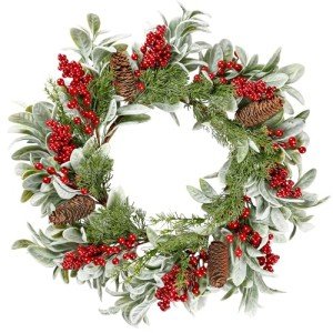 Sggvecsy 19 Inch Artificial Christmas Wreath for Front Door Flocked Lambs Ear Wreath with Red Berries Pine Needles Pinecones Christmas Decorations for Wall Outdoor Home Holiday Xmas Decor