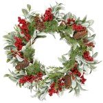 Sggvecsy 19 Inch Artificial Christmas Wreath for Front Door Flocked Lambs Ear Wreath with Red Berries Pine Needles Pinecones Christmas Decorations for Wall Outdoor Home Holiday Xmas Decor