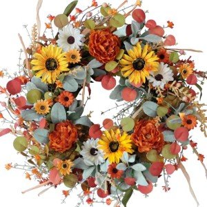 TEMPUS 22 inch Artificial Autumn Peony Daisy Wreath Multiple Leaf Wreath for Front Door Harvest Festival Window Wedding Autumn Outdoor Indoor Decoration
