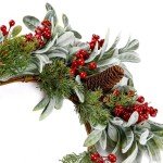 Sggvecsy 19 Inch Artificial Christmas Wreath for Front Door Flocked Lambs Ear Wreath with Red Berries Pine Needles Pinecones Christmas Decorations for Wall Outdoor Home Holiday Xmas Decor