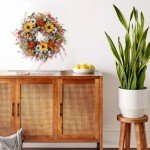 TEMPUS 22 inch Artificial Autumn Peony Daisy Wreath Multiple Leaf Wreath for Front Door Harvest Festival Window Wedding Autumn Outdoor Indoor Decoration