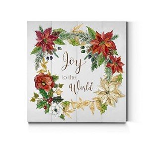 Renditions Gallery Joy to the World Wreath Wall Art, Christmas & Winter Artwork, Festive Poinsettia, Red, Green, Premium Gallery Wrapped Canvas Decor, Ready to Hang, 16 in H x 16 in W, Made in America