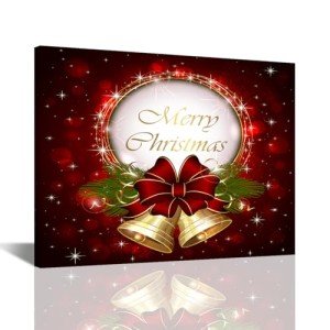Christmas Bells Canvas Wall Art, Merry Christmas Design, Red Bow, Pine Branches, Golden Bells, Festive Holiday Wall Art for Living Room, Bedroom, Bathroom, 16x12 Inches