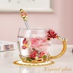 OEAGO Gifts for Mom Women Mothers Day Glass Coffee Enamels Mug Best Birthday Butterfly Rose Gifts for Her from Daughter Son Lead-Free Valentines Day Christmas Red Tea Cup with Spoon Set