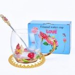 OEAGO Gifts for Mom Women Mothers Day Glass Coffee Enamels Mug Best Birthday Butterfly Rose Gifts for Her from Daughter Son Lead-Free Valentines Day Christmas Red Tea Cup with Spoon Set