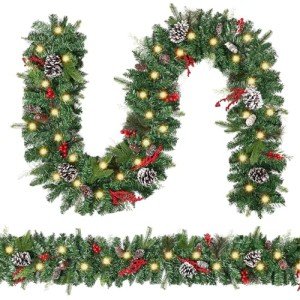 9FT Lighted Christmas Garland with Pine Cones & Berries