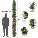 9FT Lighted Christmas Garland with Pine Cones & Berries