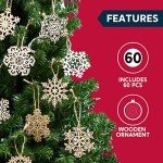 60-Piece Wooden Snowflake Ornaments for Christmas