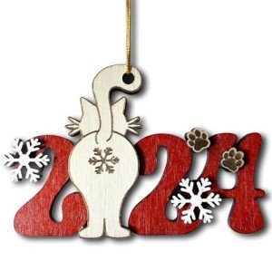 Funny Cat 2024 Wooden Christmas Ornament