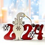 Funny Cat 2024 Wooden Christmas Ornament