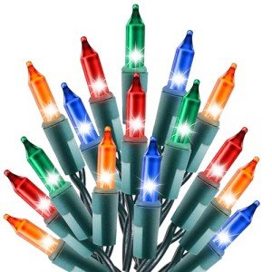 Multi Color Christmas String Lights, 100 Incandescent 20 Feet Green Wire Indoor Outdoor Waterproof Holiday Christmas Tree Lights Set with Static & Flashing Twinkle Function Connectible Plug in