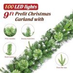 Jin&Bao 9FT Christmas Garland with Lights 100 LED Prelit Pine Needle, Real-Like Tips and Snow Branches Garland Christmas Decorations with Timer 8 Modes for Mantle Stairs Door Outdoor Decor