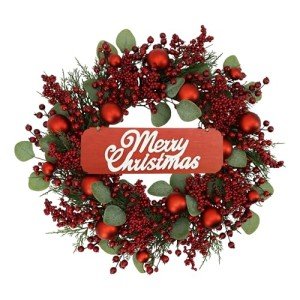 YNYLCHMX 20 Inch Christmas Wreath for Front Door, Winter Wreath with Welcome Sign Pine Needle Red Berry Ornaments, Artificial Door Xmas Wreaths for Window Fireplace Farmhouse Holiday Party Decoration