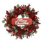 YNYLCHMX 20 Inch Christmas Wreath for Front Door, Winter Wreath with Welcome Sign Pine Needle Red Berry Ornaments, Artificial Door Xmas Wreaths for Window Fireplace Farmhouse Holiday Party Decoration
