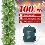 Jin&Bao 9FT Christmas Garland with Lights 100 LED Prelit Pine Needle, Real-Like Tips and Snow Branches Garland Christmas Decorations with Timer 8 Modes for Mantle Stairs Door Outdoor Decor
