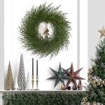 Dolicer Christmas Wreath - 24" Real Touch Norfolk Pine Wreath, Christmas Wreaths for Front Door Artificial Pine Green Wreath with Bell for Wall Windows Mantle Outdoor Outside Christmas Decoration