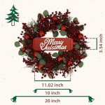 YNYLCHMX 20 Inch Christmas Wreath for Front Door, Winter Wreath with Welcome Sign Pine Needle Red Berry Ornaments, Artificial Door Xmas Wreaths for Window Fireplace Farmhouse Holiday Party Decoration