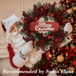 YNYLCHMX 20 Inch Christmas Wreath for Front Door, Winter Wreath with Welcome Sign Pine Needle Red Berry Ornaments, Artificial Door Xmas Wreaths for Window Fireplace Farmhouse Holiday Party Decoration