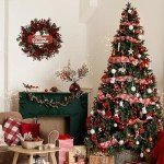 YNYLCHMX 20 Inch Christmas Wreath for Front Door, Winter Wreath with Welcome Sign Pine Needle Red Berry Ornaments, Artificial Door Xmas Wreaths for Window Fireplace Farmhouse Holiday Party Decoration