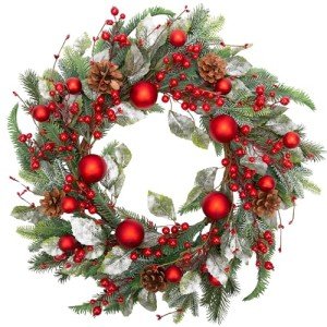 VGIA 20 Inch Christmas Wreath for Front Door Artificial Winter Wreath for Christmas Decor Xmas Wreath with Christmas Balls Pine Needles Pine Cone for Wall Window Holiday Decorations