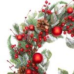 VGIA 20 Inch Christmas Wreath for Front Door Artificial Winter Wreath for Christmas Decor Xmas Wreath with Christmas Balls Pine Needles Pine Cone for Wall Window Holiday Decorations