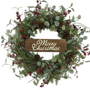 Christmas Wreath, Christmas Wreaths for Front Door,Artificial Christmas Wreath with Sparkling Leaves and Pine Needles are paired with Plump Pine and red Berries,Wreath for Indoor Wall Window Decor.