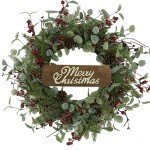 Christmas Wreath, Christmas Wreaths for Front Door,Artificial Christmas Wreath with Sparkling Leaves and Pine Needles are paired with Plump Pine and red Berries,Wreath for Indoor Wall Window Decor.