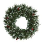Nearly Natural 24in. Frosted Swiss Pine Artificial Wreath with 35 Clear LED Lights and Berries, Green, 5x24x24