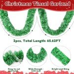 2 Pcs Christmas Tinsel Garland, 65.6 FT Shiny Green Tinsel Garland Christmas Decorations, Christmas Tree Garland Metallic Twisted Hanging Christmas Garland for Xmas Tree Party Indoor Outdoor Decor