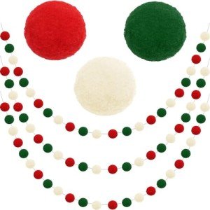 Jishi Christmas Pom Pom Garland Christmas Decorations for Tree Indoor Home Room Decor 3pk Cute Hanging Felt Ball Red White Green Pompom Bead Ornament String Banner Garland Xmas Birthday Party Supplies