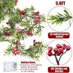 5.9FT Artificial Christmas Garland String Lights with 162 Snowy Red Berries 55 Green Leaves 20 LED Lights Battery Operated for Xmas Mantle Indoor Outdoor Holiday Christmas Thanksgiving Decoration