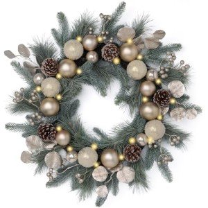 Valery Madelyn 20 Inch Pre-Lit Christmas Wreath for Front Door with Lights, Large Lighted Christmas Wreath with Champagne Gold Xmas Balls for Fireplace Window Outdoor Table Centerpiece Home Decoration
