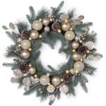 Valery Madelyn 20 Inch Pre-Lit Christmas Wreath for Front Door with Lights, Large Lighted Christmas Wreath with Champagne Gold Xmas Balls for Fireplace Window Outdoor Table Centerpiece Home Decoration