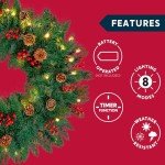 Joiedomi 9Ft Artificial Christmas Garland Prelit with LED Lights, 27 Pine Cones, 27 Red Berries for Home & Office Christmas Indoor and Outdoor Decorations (Battery Powered, Batteries not Included)