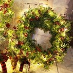 5.9FT Artificial Christmas Garland String Lights with 162 Snowy Red Berries 55 Green Leaves 20 LED Lights Battery Operated for Xmas Mantle Indoor Outdoor Holiday Christmas Thanksgiving Decoration