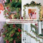 5.9FT Artificial Christmas Garland String Lights with 162 Snowy Red Berries 55 Green Leaves 20 LED Lights Battery Operated for Xmas Mantle Indoor Outdoor Holiday Christmas Thanksgiving Decoration