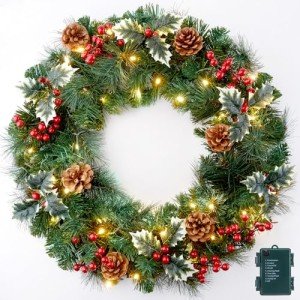 24 Inch Pre-Lit Artificial Christmas Wreath, Battery Operated LED Christmas Wreath with Pine Needles Branches Hari Leaves Red Berry Pine Cones Lighted Wreath for Front Door Wall Windows X-mas Ornament