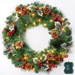 24 Inch Pre-Lit Artificial Christmas Wreath, Battery Operated LED Christmas Wreath with Pine Needles Branches Hari Leaves Red Berry Pine Cones Lighted Wreath for Front Door Wall Windows X-mas Ornament