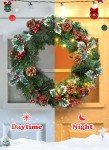 24 Inch Pre-Lit Artificial Christmas Wreath, Battery Operated LED Christmas Wreath with Pine Needles Branches Hari Leaves Red Berry Pine Cones Lighted Wreath for Front Door Wall Windows X-mas Ornament