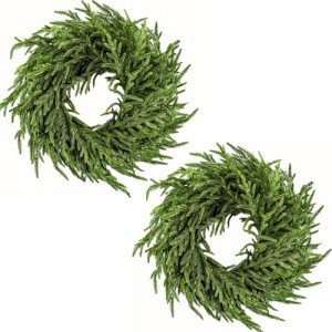 ENVEN 24" Christmas Wreath for Front Door Real Touch Norfolk Pine Wreath Artificial Faux Pine Wreath Realistic Holiday Decoration for Home Decor (2Pack Green)