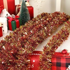 Alupssuc 6 Pieces Total 50 FT Christmas Tinsel Garland, Metallic Shiny Twist Garland Hanging Decorations for Christmas Party Indoor and Outdoor Decor, Red and Gold