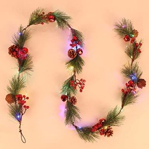 6FT Christmas Garland with Lights, 8 Light Modes Prelit Christmas Garland with 18 LED Lights Branches Berries Bells Snowflake Pine Cones for Window Fireplace Door Stairs Indoor Outdoor Decoration