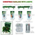 Christmas Garland with Lights, 8.2 FT Battery Operated Powerd 12 LED Bulb String Lights Pine Cones Red Berry Decorations Lighted Lit Prelit Indoor Outdoor Window Home Mantle Fireplace Table Xmas Decor