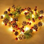 Christmas Garland with Lights, 7 FT 20 LED Red Berry Pinecone Garland Light with Xmas Tree, Durable Winter Berry Garland Christmas Decorations for Home Windows Fireplace Stairs