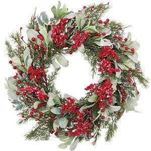 Skrantun 20 Inch Artificial Christmas Wreath Door Wreath with Lambs Ear Leaves Winter Wreath with Artificial Snow and Red Berries Christmas Decorations with Pine Needles for Home Wall Window Decor